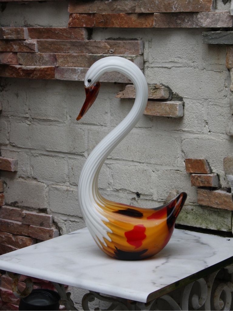 Murano Glass Style Sculptuur - Wit/Oranje Zwaan