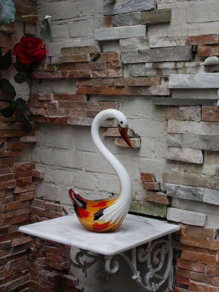 Murano Glass Style Sculptuur - Wit/Oranje Zwaan